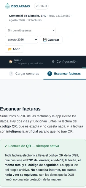 Declara Tax en el teléfono: pantalla de escaneo de facturas con lectura del código QR